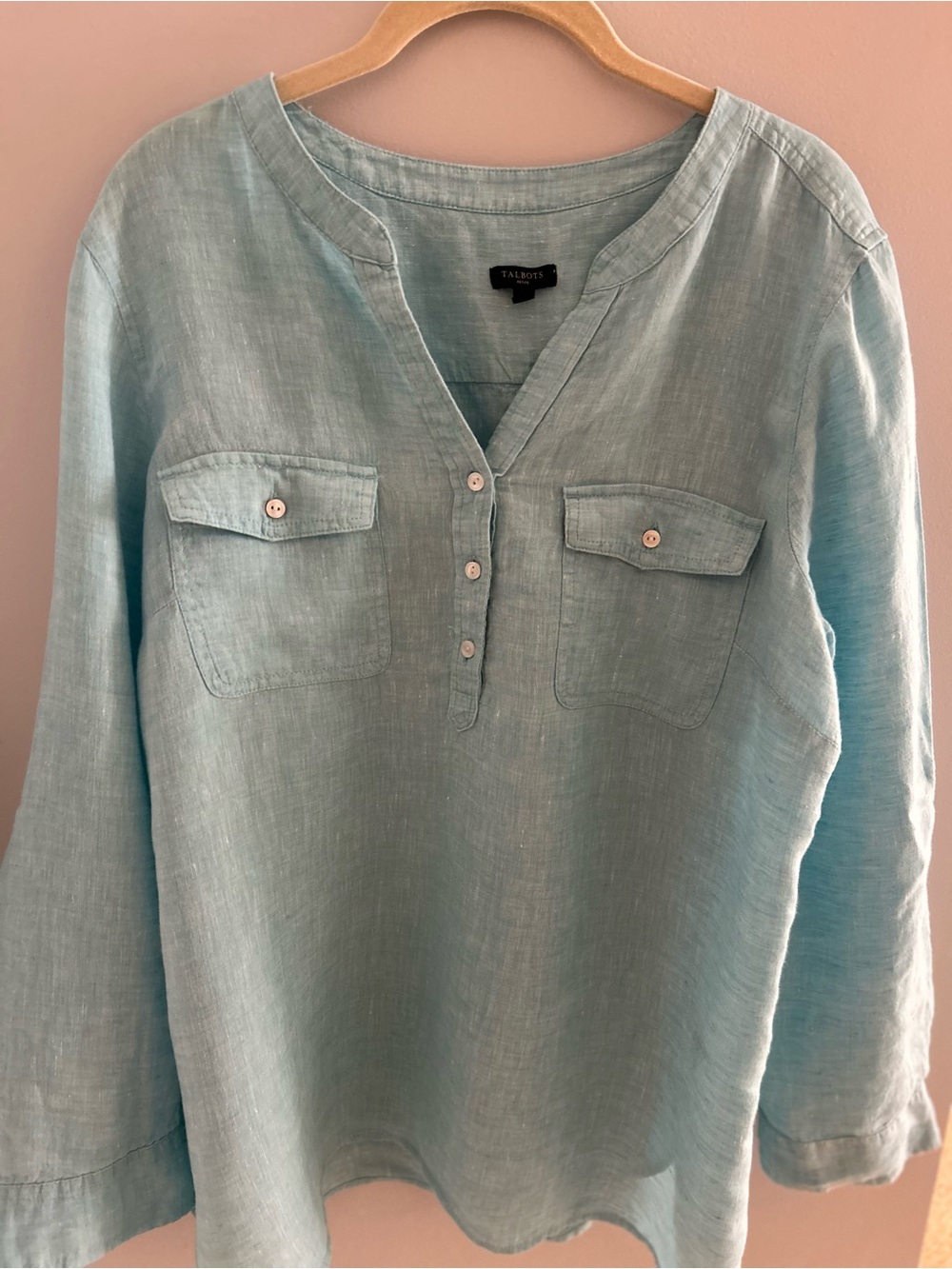 Talbots Light Aqua Linen Split-Neck Tunic
